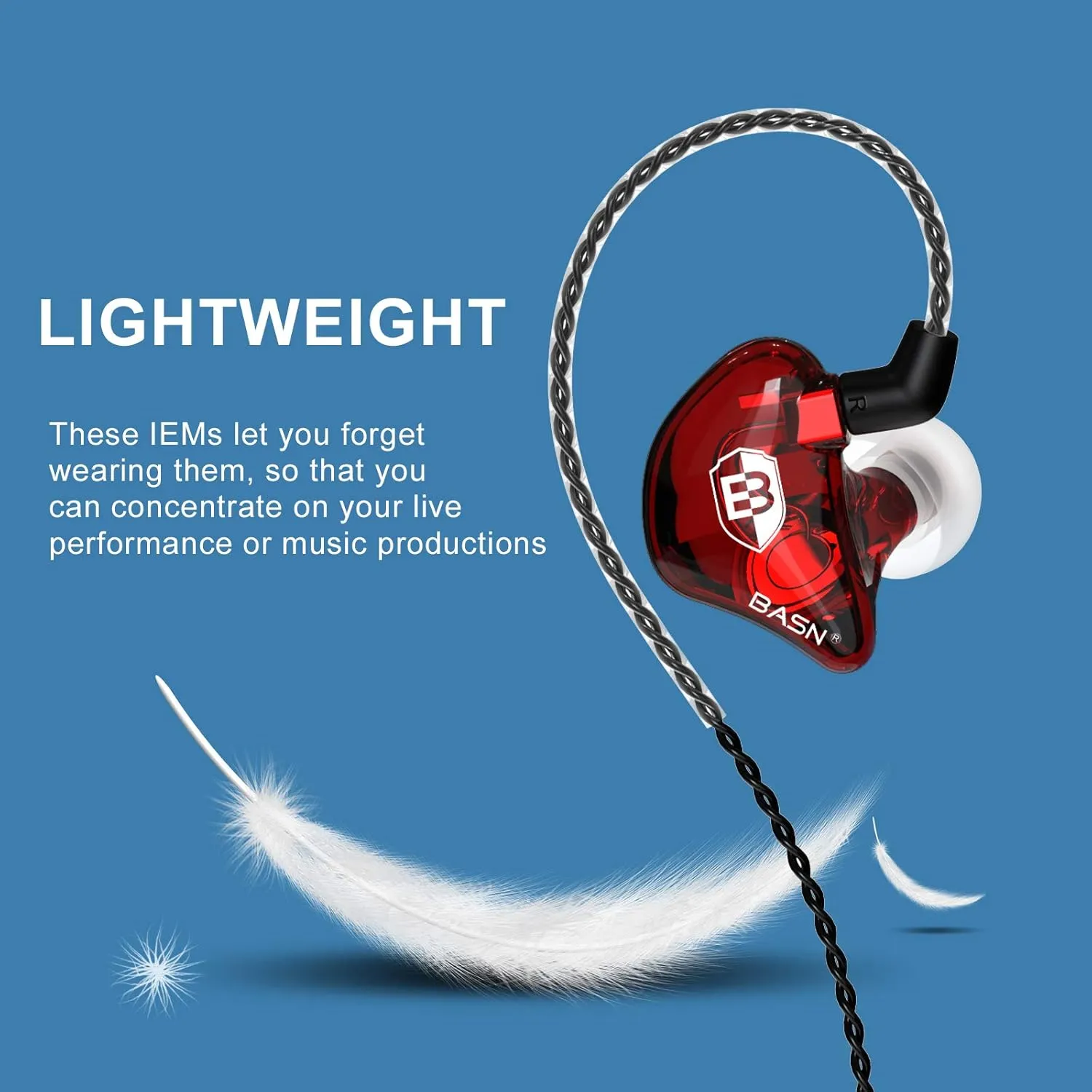 BASN Bsinger BC100 in Ear Monitor Headphones Universal Fit Noise Isolating IEM Earphones for Musicians Singers Studio Audiophiles (Red)
