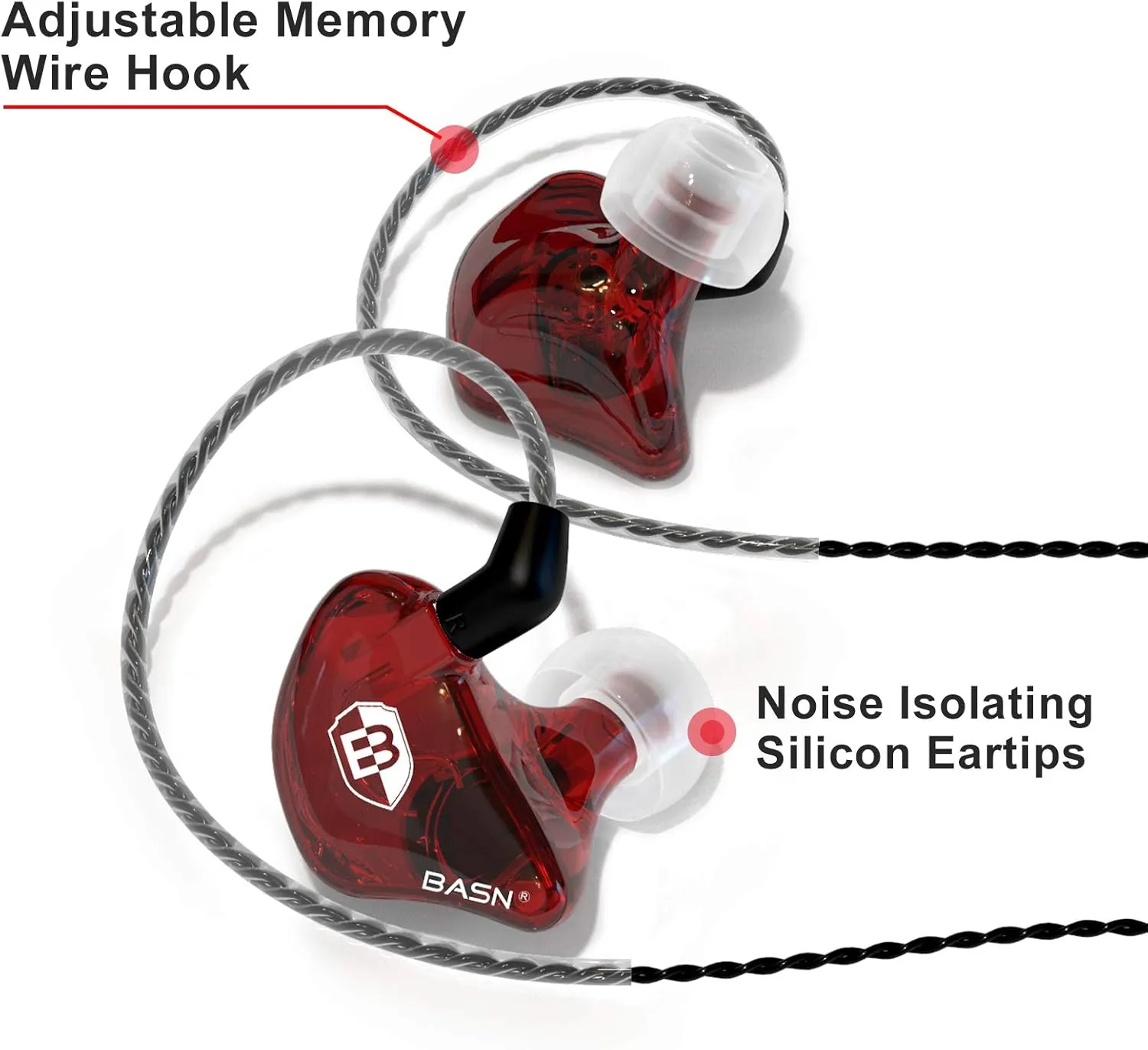BASN Bsinger BC100 in Ear Monitor Headphones Universal Fit Noise Isolating IEM Earphones for Musicians Singers Studio Audiophiles (Red)