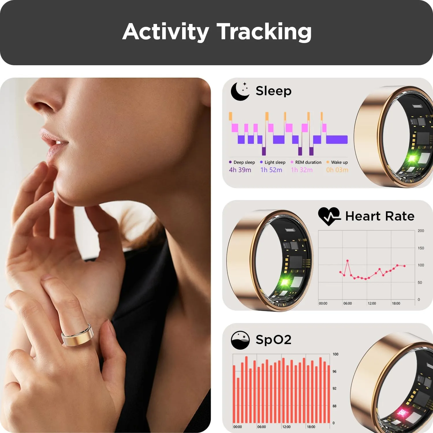 BENIO Smart Ring for Women Men, Health Ring Fitness Tracker with Sleep Trackers/Heart Rate/Steps/Calories, No APP Subscription, Fitness Ring Up to 7-Days, for iPhone & Android (Gold, 9#)