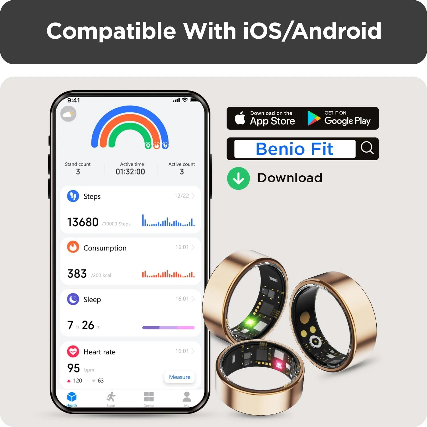 BENIO Smart Ring for Women Men, Health Ring Fitness Tracker with Sleep Trackers/Heart Rate/Steps/Calories, No APP Subscription, Fitness Ring Up to 7-Days, for iPhone & Android (Gold, 9#)