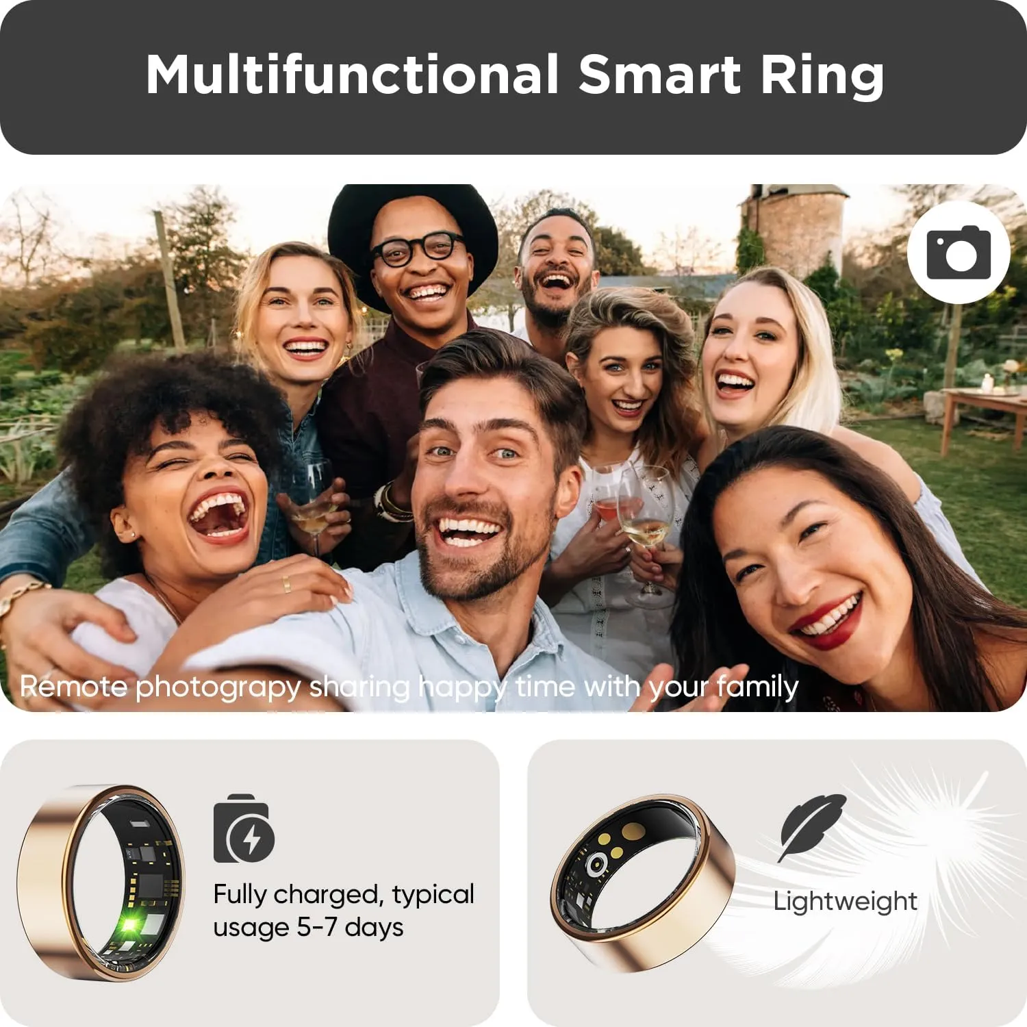 BENIO Smart Ring for Women Men, Health Ring Fitness Tracker with Sleep Trackers/Heart Rate/Steps/Calories, No APP Subscription, Fitness Ring Up to 7-Days, for iPhone & Android (Gold, 9#)