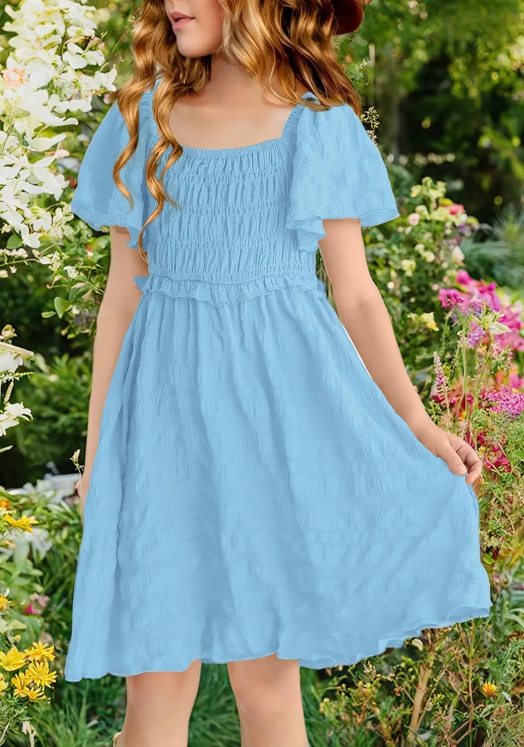 BesserBay Summer Girls Square Neck Smocked Short Sleeve Solid Midi Dress 5-14 Years