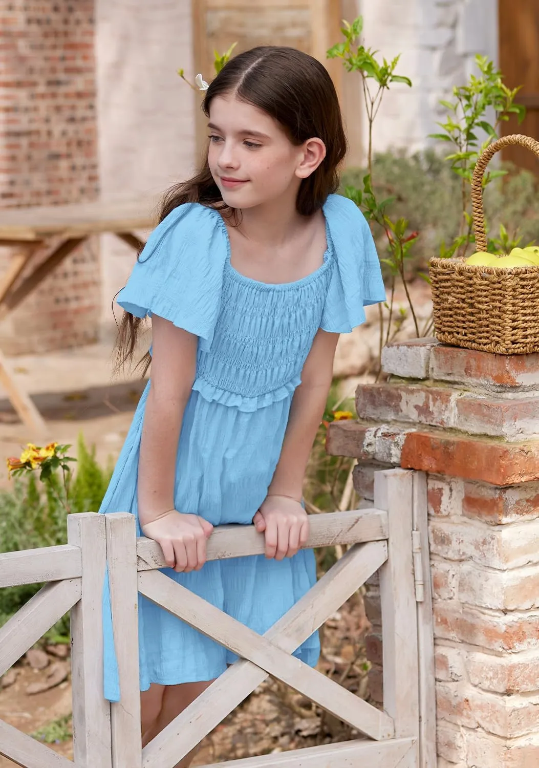 BesserBay Summer Girls Square Neck Smocked Short Sleeve Solid Midi Dress 5-14 Years