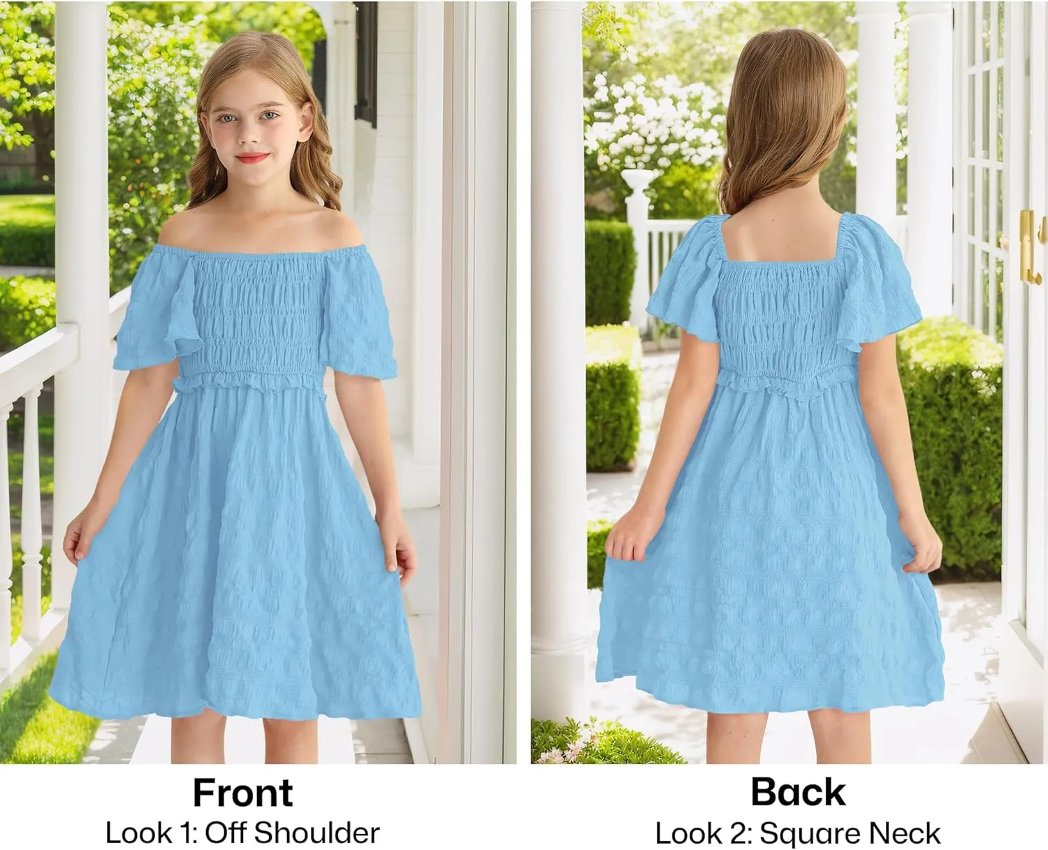 BesserBay Summer Girls Square Neck Smocked Short Sleeve Solid Midi Dress 5-14 Years