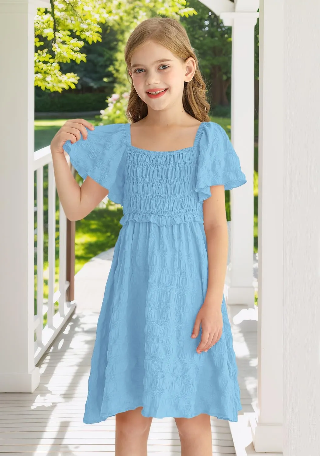 BesserBay Summer Girls Square Neck Smocked Short Sleeve Solid Midi Dress 5-14 Years