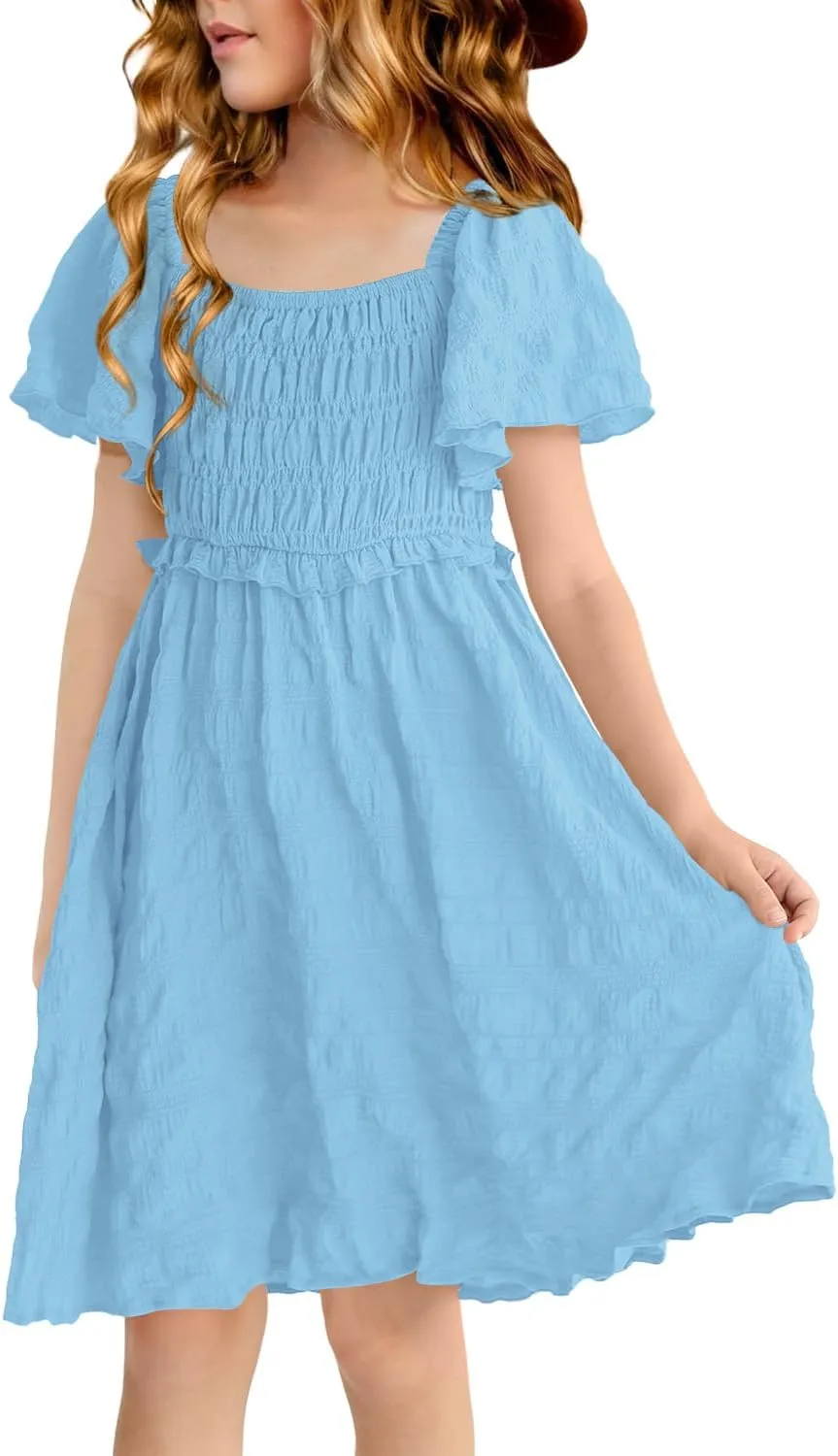 BesserBay Summer Girls Square Neck Smocked Short Sleeve Solid Midi Dress 5-14 Years