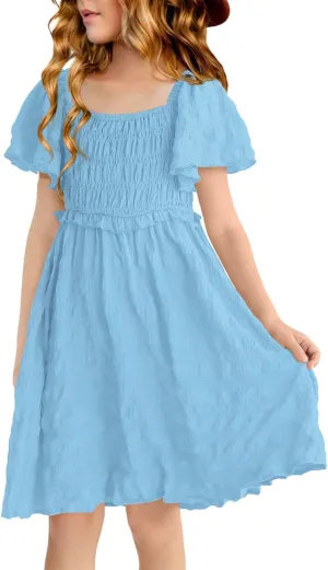BesserBay Summer Girls Square Neck Smocked Short Sleeve Solid Midi Dress 5-14 Years