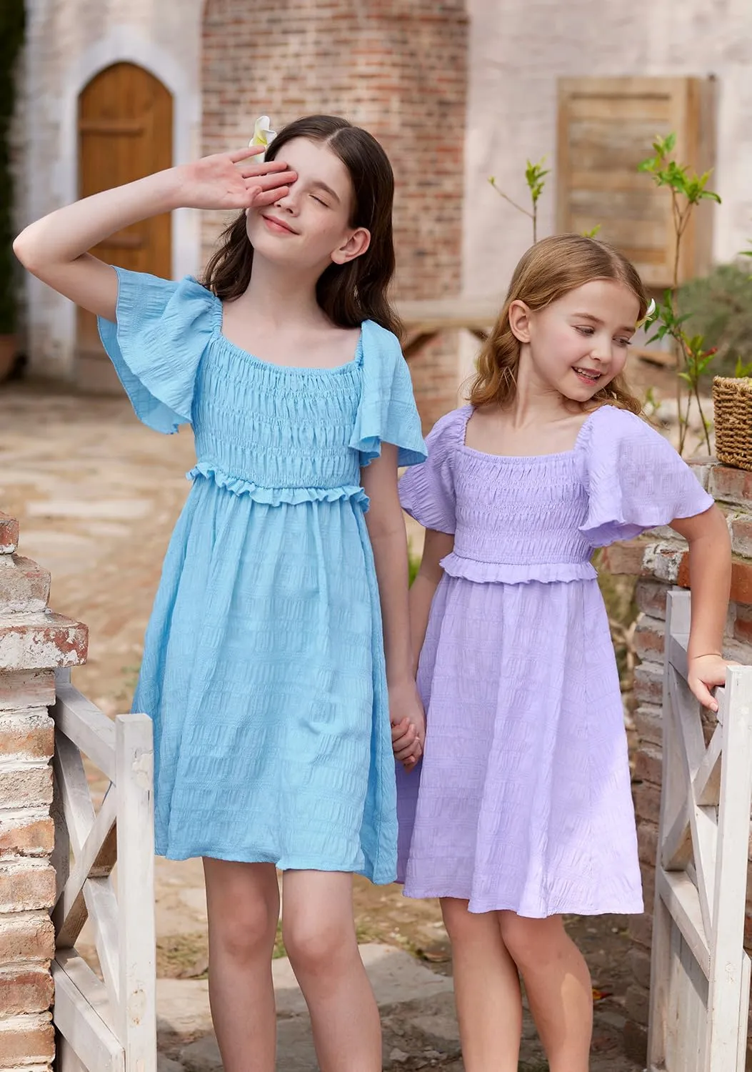 BesserBay Summer Girls Square Neck Smocked Short Sleeve Solid Midi Dress 5-14 Years