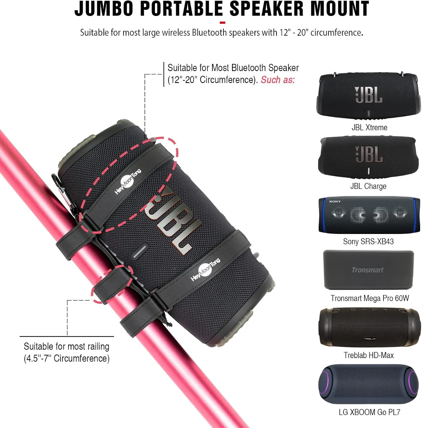 Big Portable Speaker Mount for Large Bluetooth Speakers with 12''-20'' Circumference, Waterproof Adjustable Strap Accessory Holder Fits UTV Golf Cart Bike or Boat Railing/Cross bar/Frame