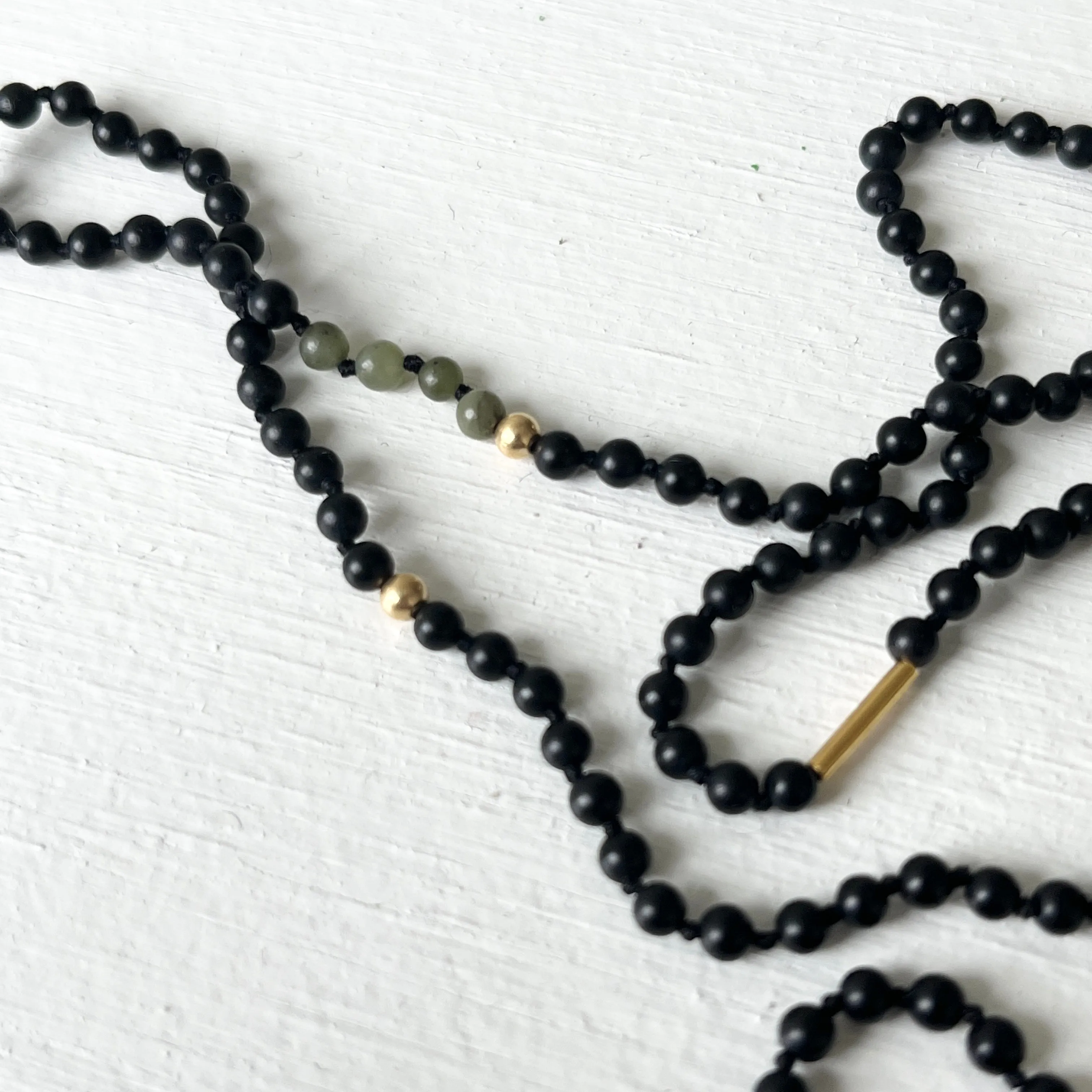 Black Onyx, Jade and 18K Gold Hand Knotted One-Of-A-Kind Beaded Necklace
