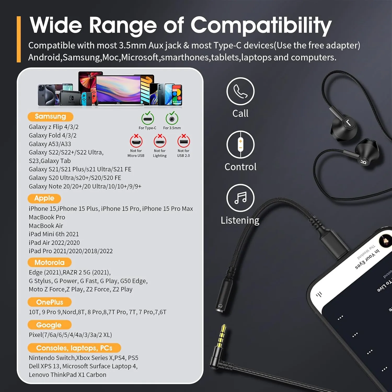 Black Wired Earbuds with Mic in-Ear Earphones Build-in Microphone HiFi Stereo Headphones Compatible for iPhone iPad Android Mp3 and Most of 3.5mm Aux Devices