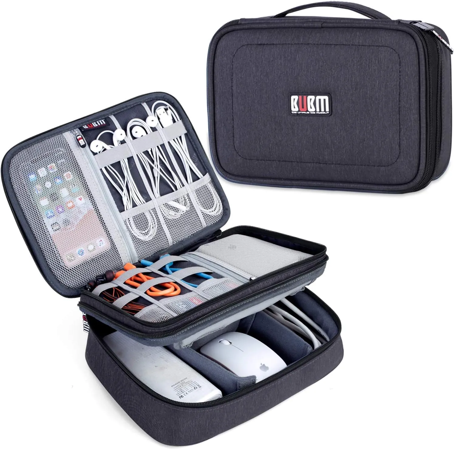 BUBM Electronic Organizer, Double Layer Travel Gear Bag for Cables, Plugs, Flash Hard Drive, Power Bank and More--a Sleeve Pouch for iPad (Large, Black)