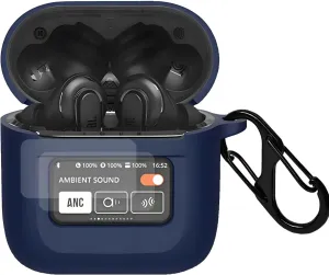 Case Cover Compatible with JBL Tour Pro 2 Earbuds with PET Screen Protector, Shockproof Silicone Protective Cover with Carabiner Accessories Keychain (Navy Blue)