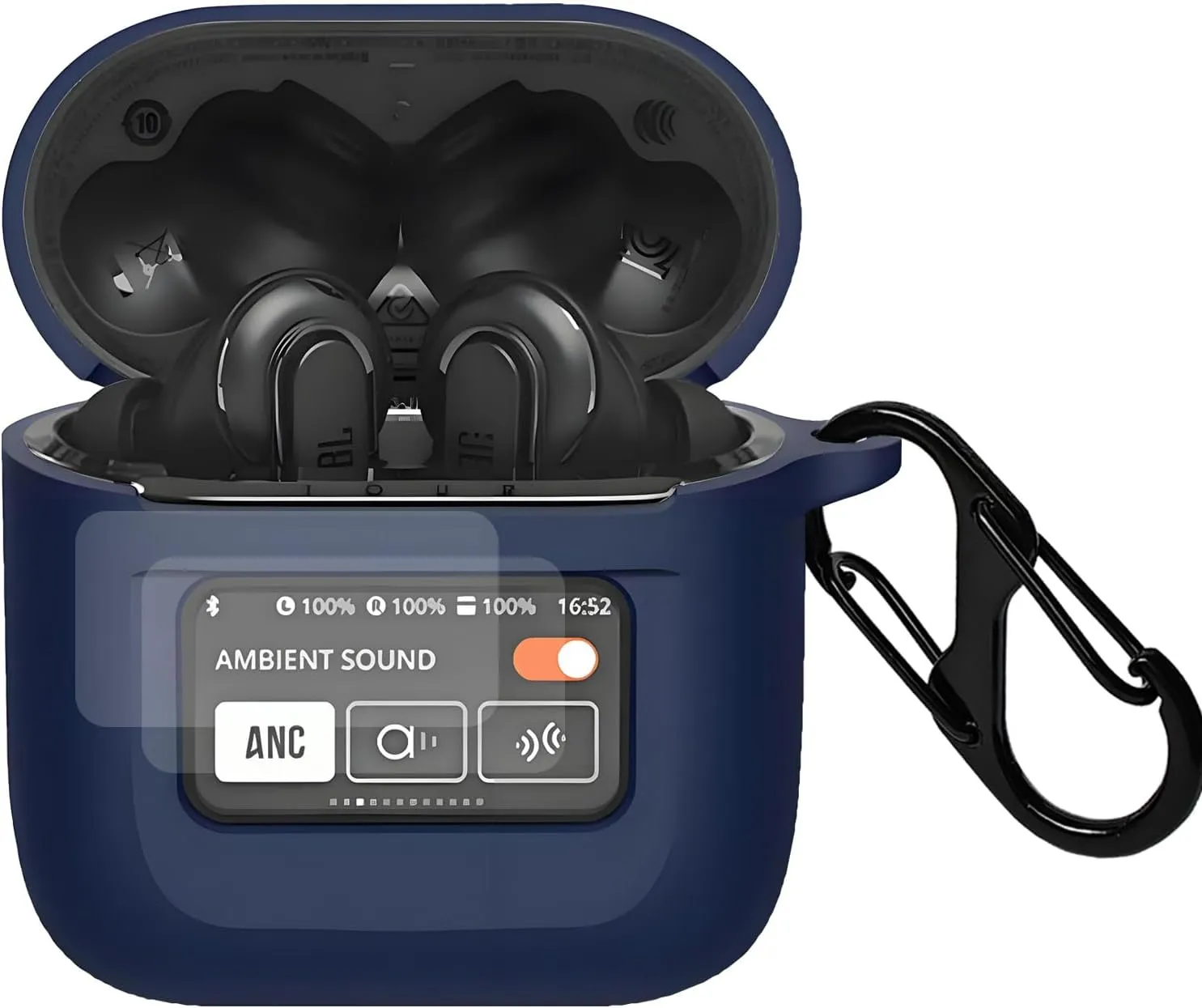 Case Cover Compatible with JBL Tour Pro 2 Earbuds with PET Screen Protector, Shockproof Silicone Protective Cover with Carabiner Accessories Keychain (Navy Blue)