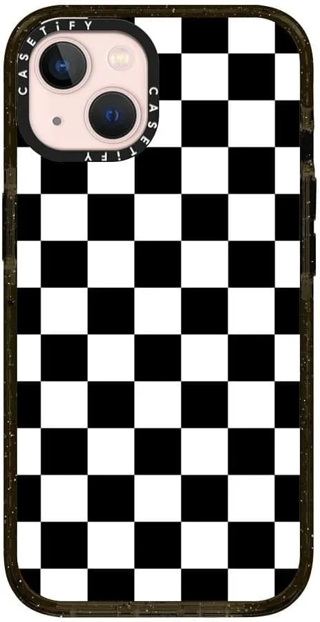 CASETiFY Impact Case for iPhone 13 [Slim / 8.2 ft. 4X Military Grade Drop Protection/Wireless Charging Compatible] - Black White Check Checkerboard - Clear Black