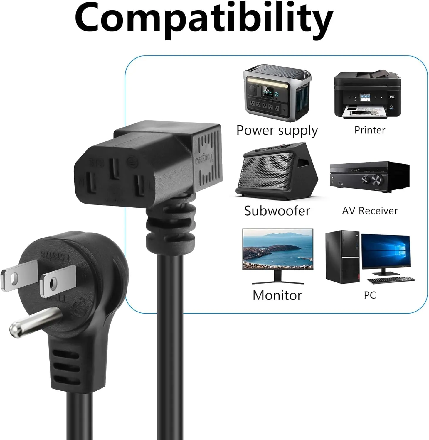 CERRXIAN 3.9FT 18AWG NEMA 5-15P to Down Angle IEC 320 C13 Computer Power Cord,10A/250V, 3 Prong AC Power Cord Cable for TV, Computer, Printer, Radio, Monitor, Laptop and More