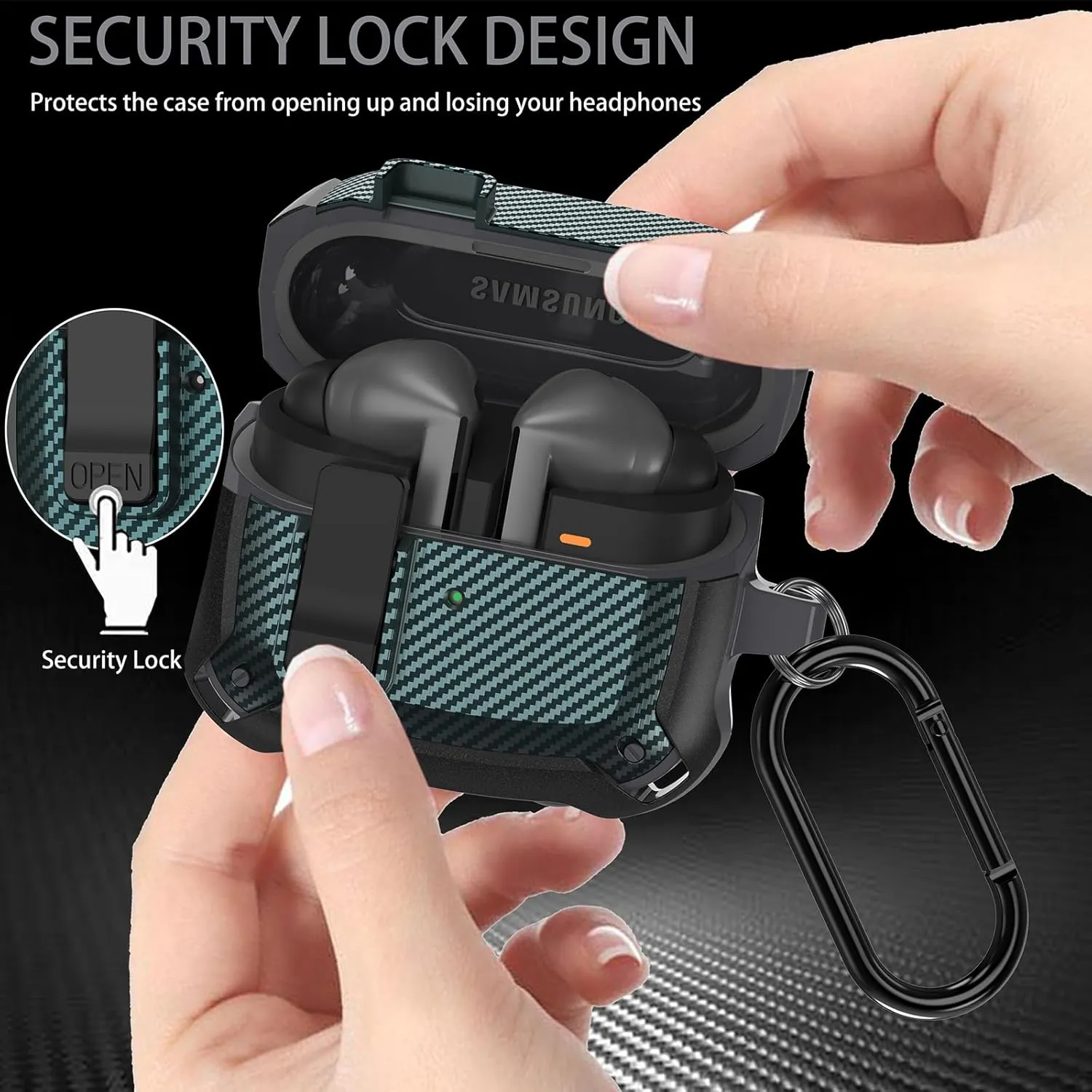 Compatible Samsung Galaxy Buds 3 Pro Case/Bud 3 Cover Clip with Cleaner Kit, Military Shell Protective Armor Case Cover with Lock & Carabiner for Galaxy Buds 3/3 Pro 2024 Men Women Black Green