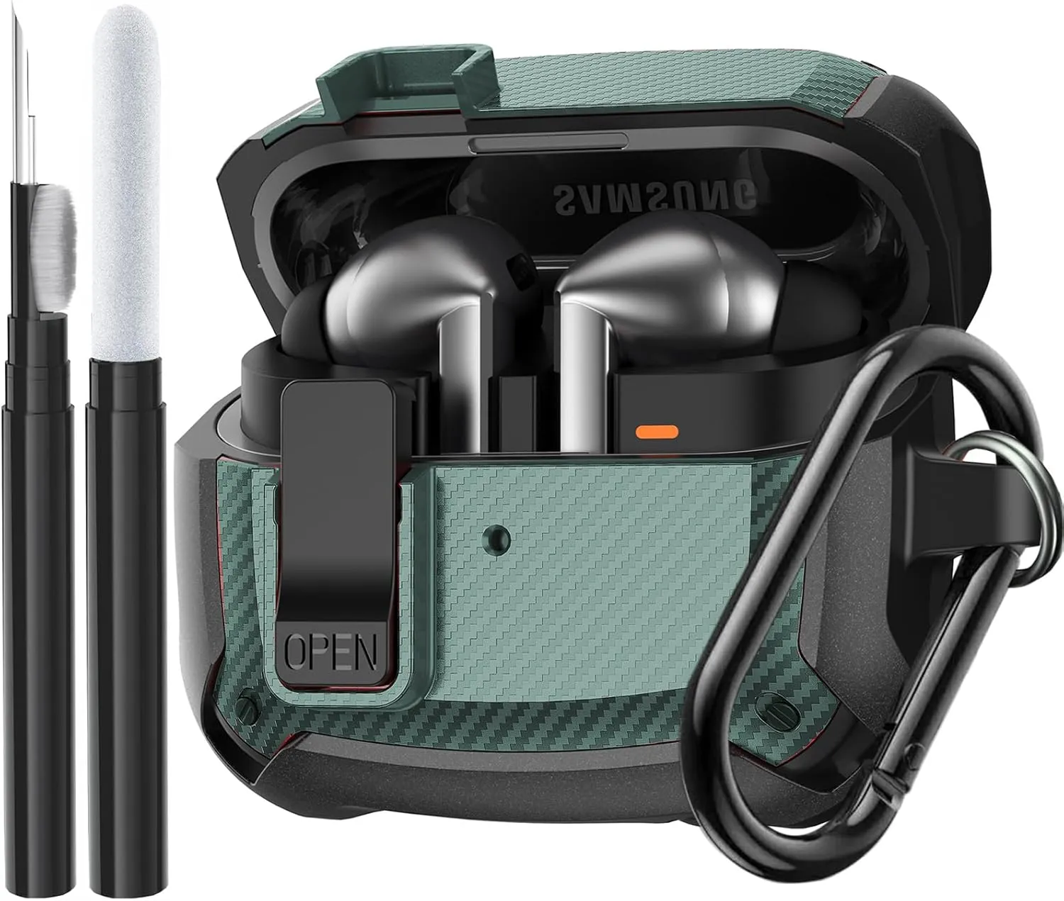 Compatible Samsung Galaxy Buds 3 Pro Case/Bud 3 Cover Clip with Cleaner Kit, Military Shell Protective Armor Case Cover with Lock & Carabiner for Galaxy Buds 3/3 Pro 2024 Men Women Black Green