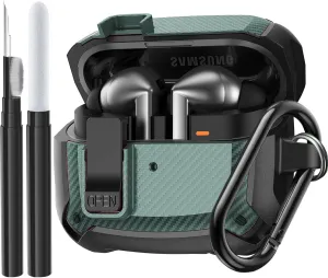 Compatible Samsung Galaxy Buds 3 Pro Case/Bud 3 Cover Clip with Cleaner Kit, Military Shell Protective Armor Case Cover with Lock & Carabiner for Galaxy Buds 3/3 Pro 2024 Men Women Black Green