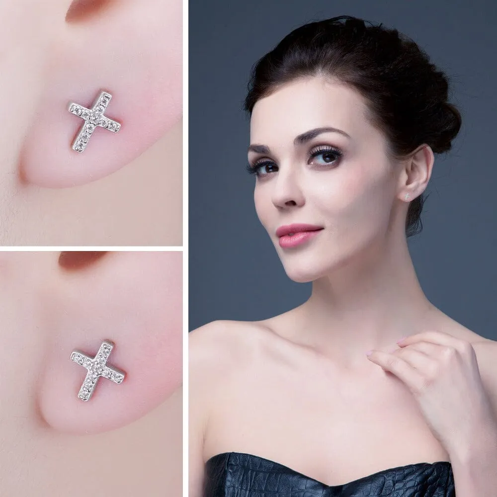 Cross Diamond Stud Earrings - 925 Sterling Silver