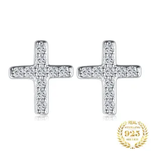 Cross Diamond Stud Earrings - 925 Sterling Silver