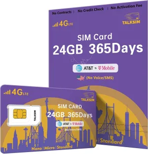 Data SIM Card 24GB 365Days Support AT&T, T-Mobile, 4G LTE USA SIM Compatible with Unlocked Security Camera/Router/Mobile WiFi Hotspot/Tablet/Hunting Trail Camera iot Devices