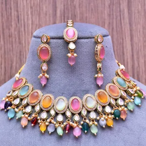 Designer Gold Plated Royal Kundan Multi Color Necklace & Earrings (D639)