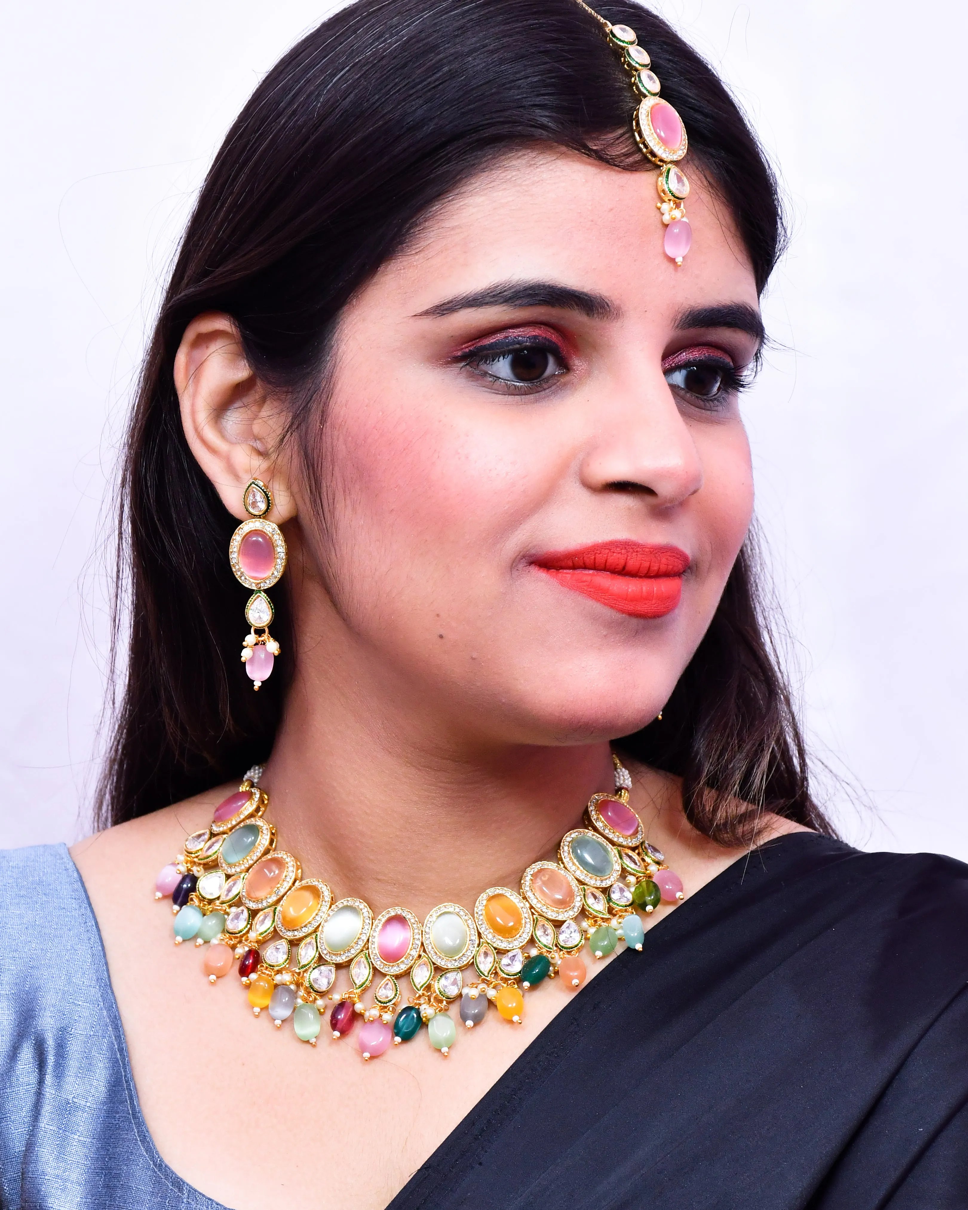 Designer Gold Plated Royal Kundan Multi Color Necklace & Earrings (D639)