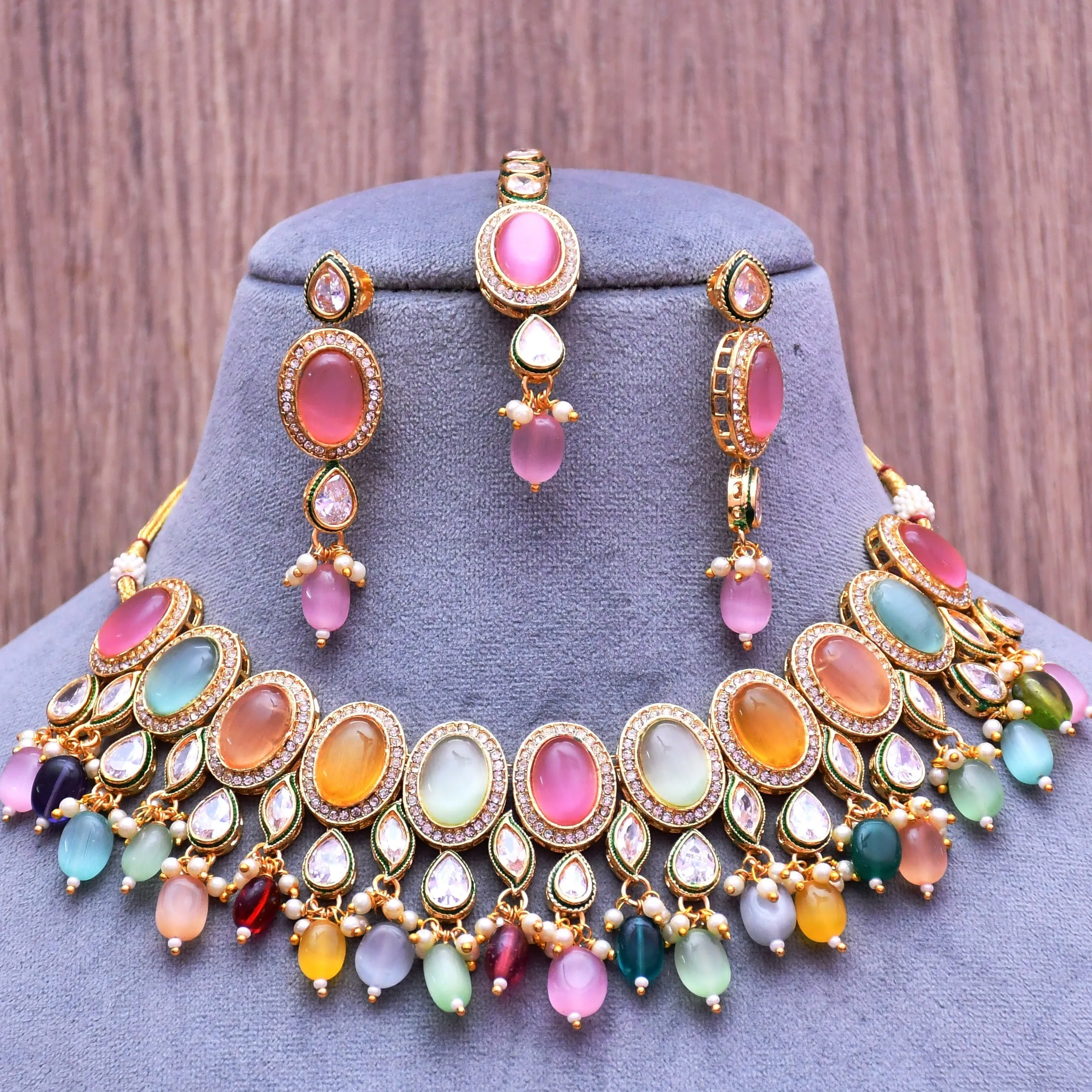 Designer Gold Plated Royal Kundan Multi Color Necklace & Earrings (D639)