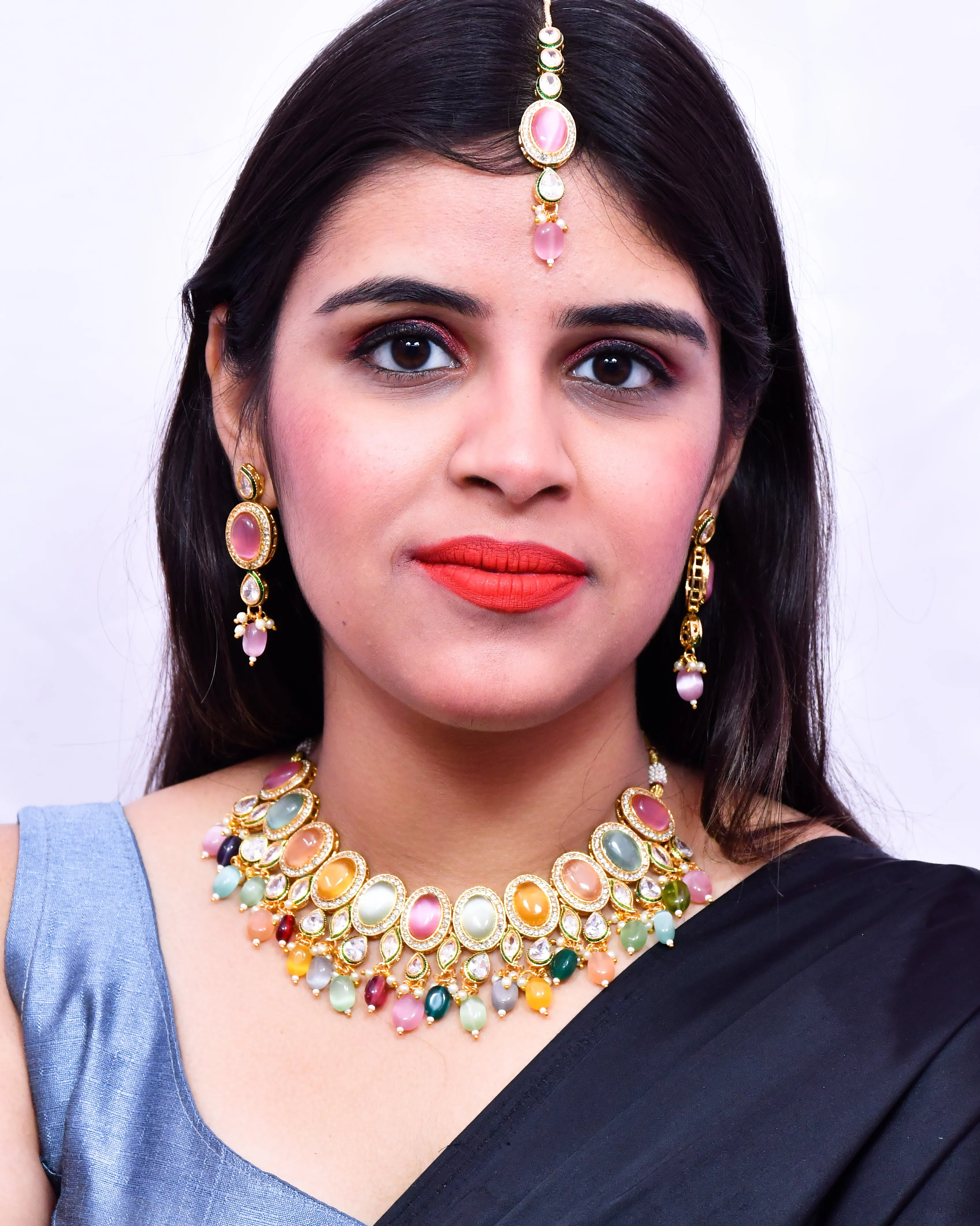 Designer Gold Plated Royal Kundan Multi Color Necklace & Earrings (D639)