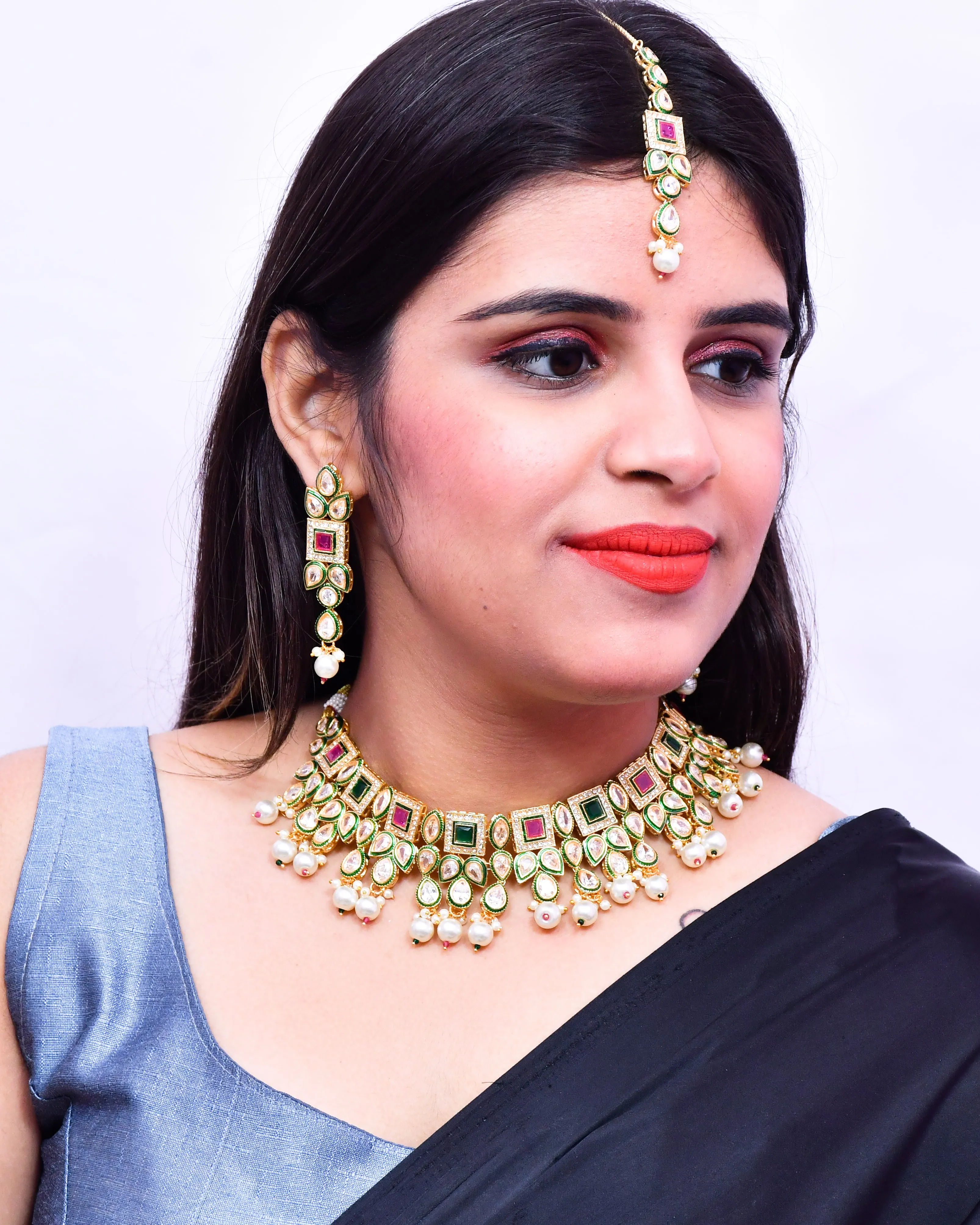 Designer Gold Plated Royal Kundan Ruby & Emerald Color Necklace With Earrings (D638)