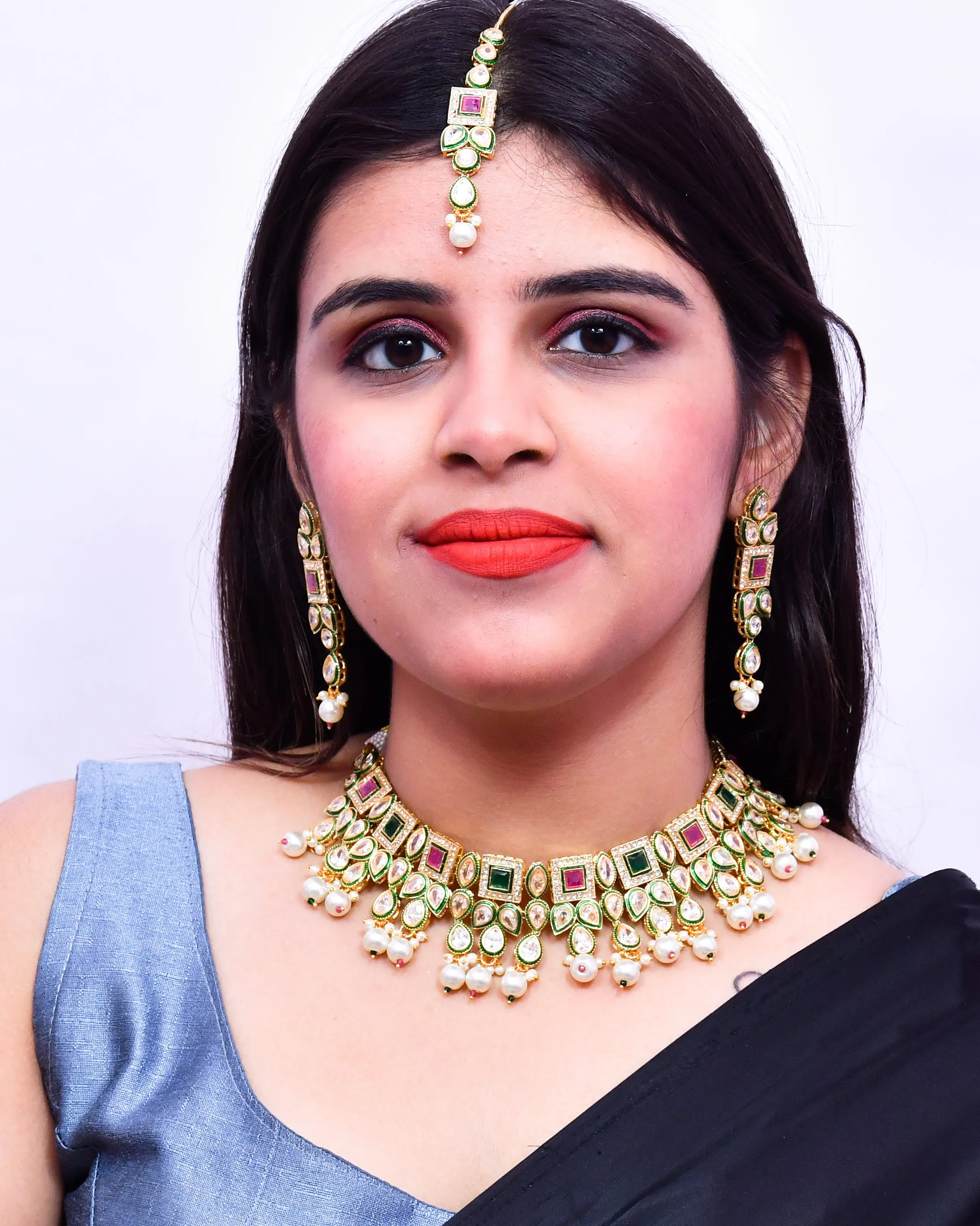 Designer Gold Plated Royal Kundan Ruby & Emerald Color Necklace With Earrings (D638)