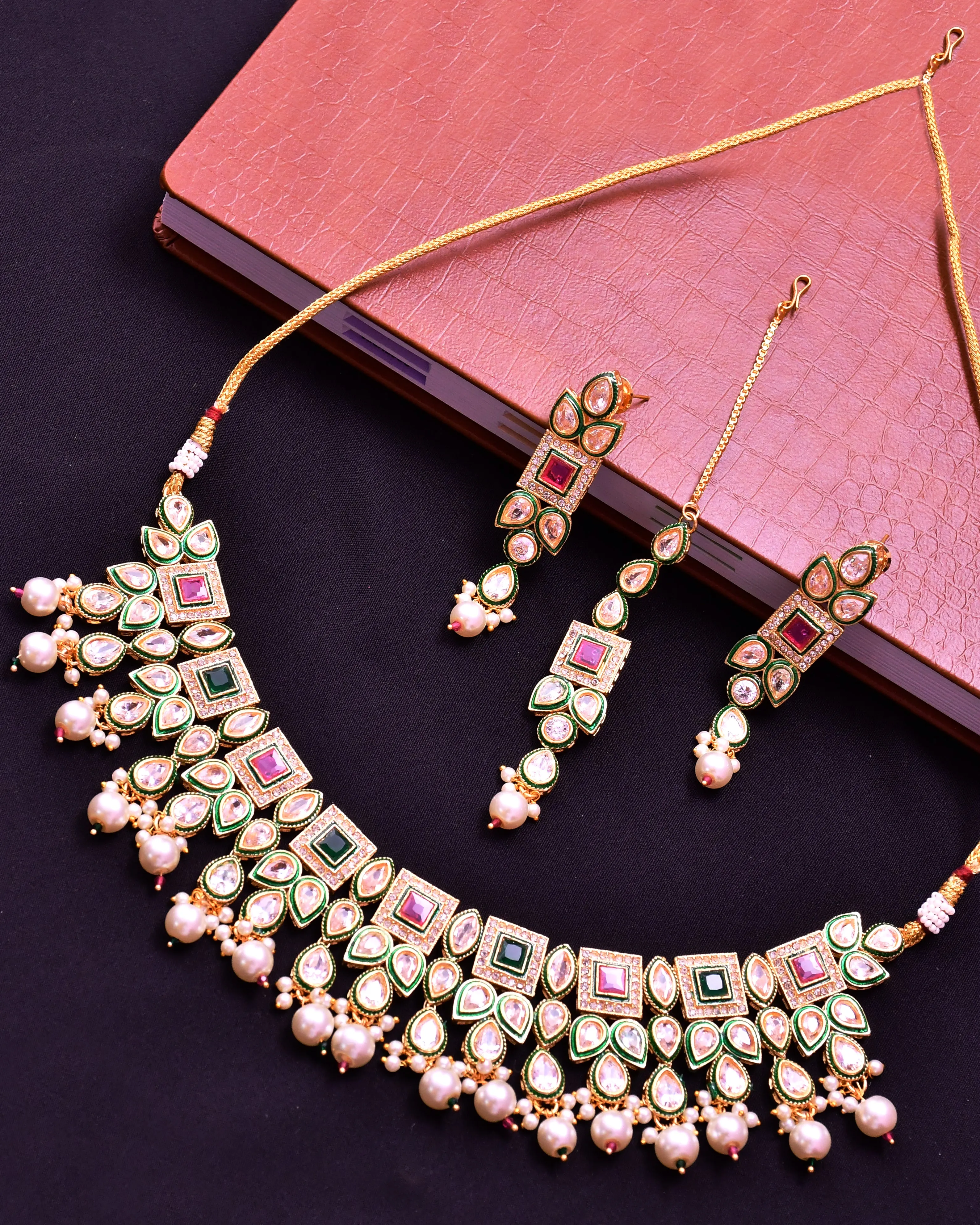Designer Gold Plated Royal Kundan Ruby & Emerald Color Necklace With Earrings (D638)
