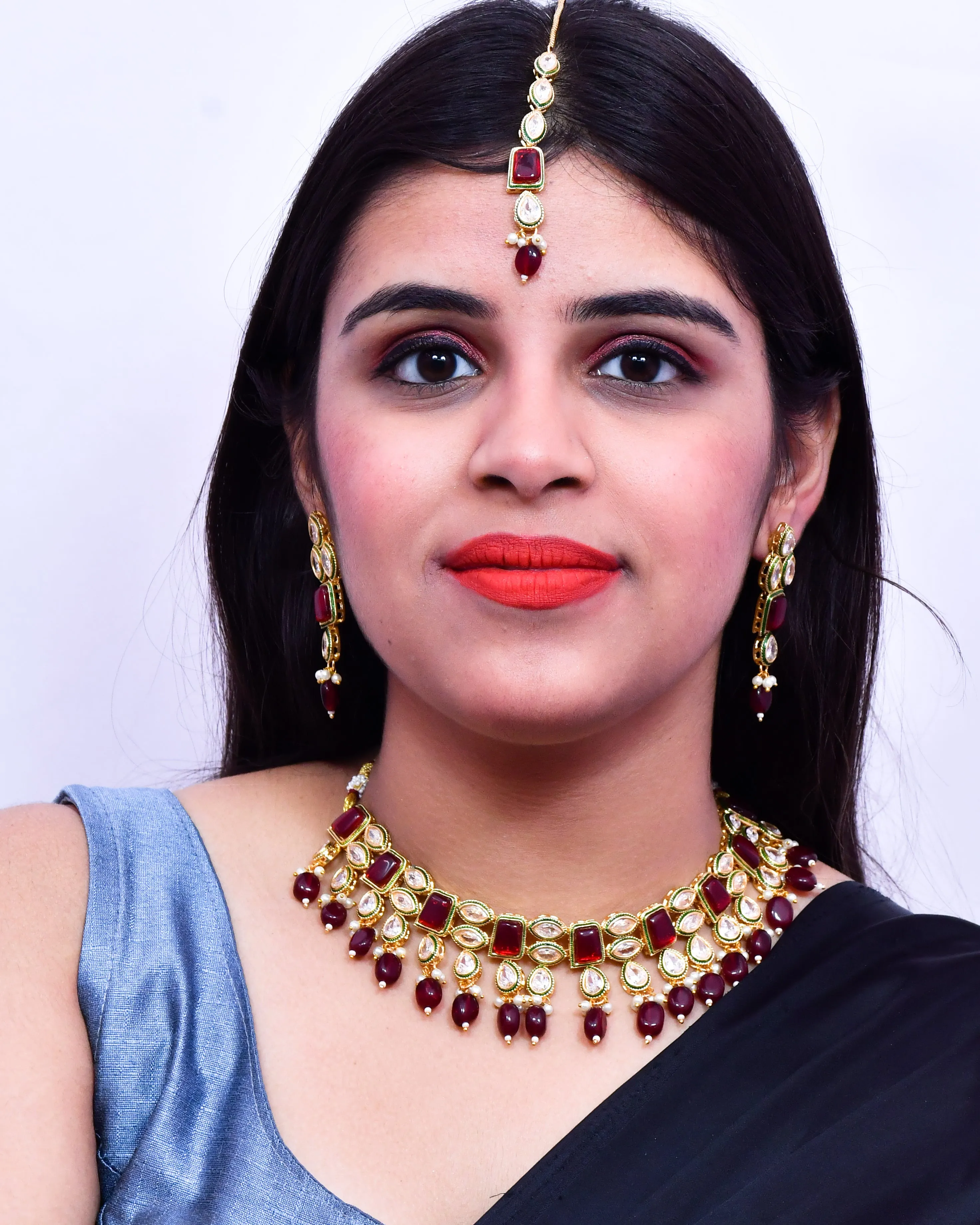 Designer Gold Plated Royal Kundan Ruby Color Necklace & Earrings (D635)