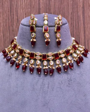 Designer Gold Plated Royal Kundan Ruby Color Necklace & Earrings (D635)