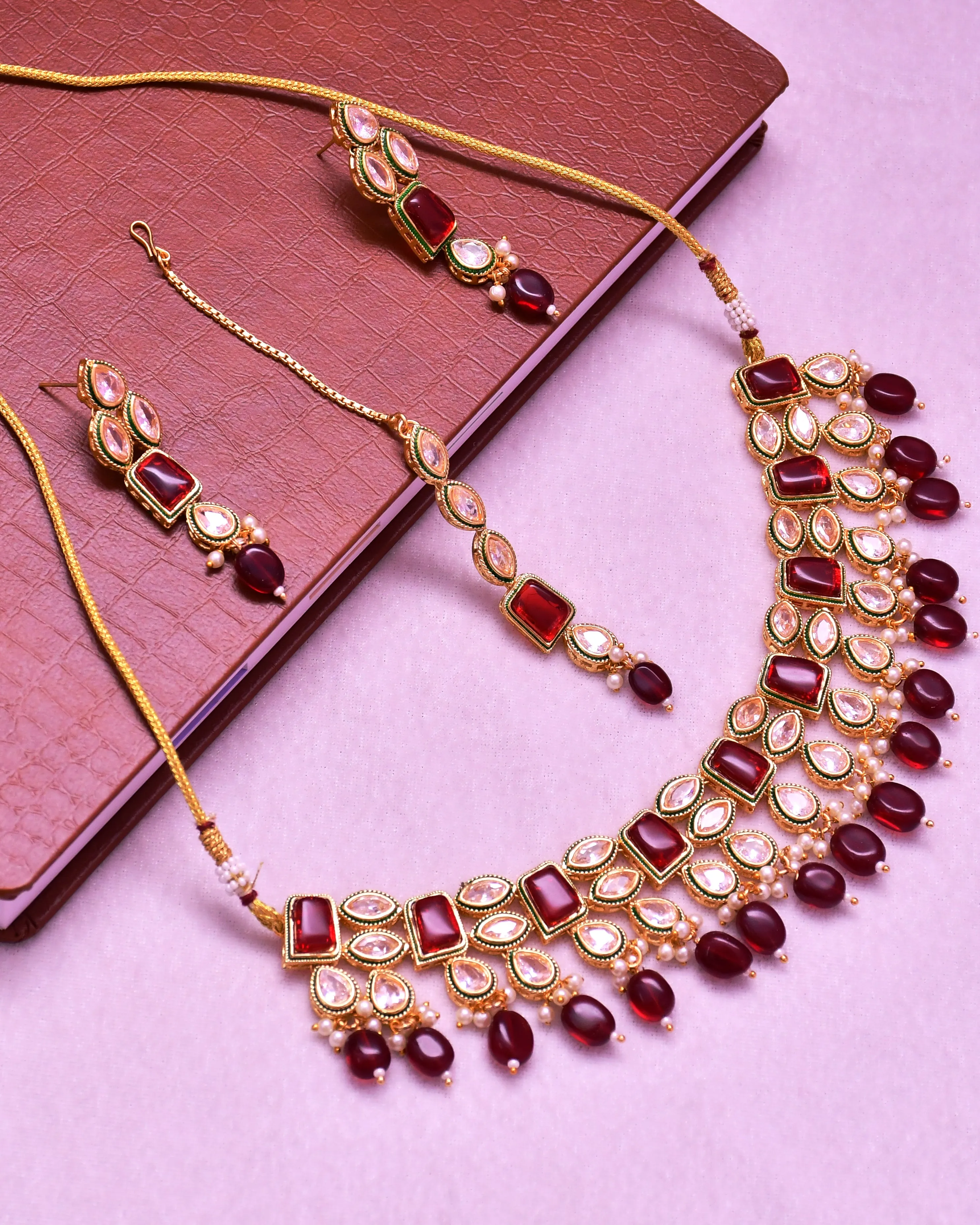 Designer Gold Plated Royal Kundan Ruby Color Necklace & Earrings (D635)