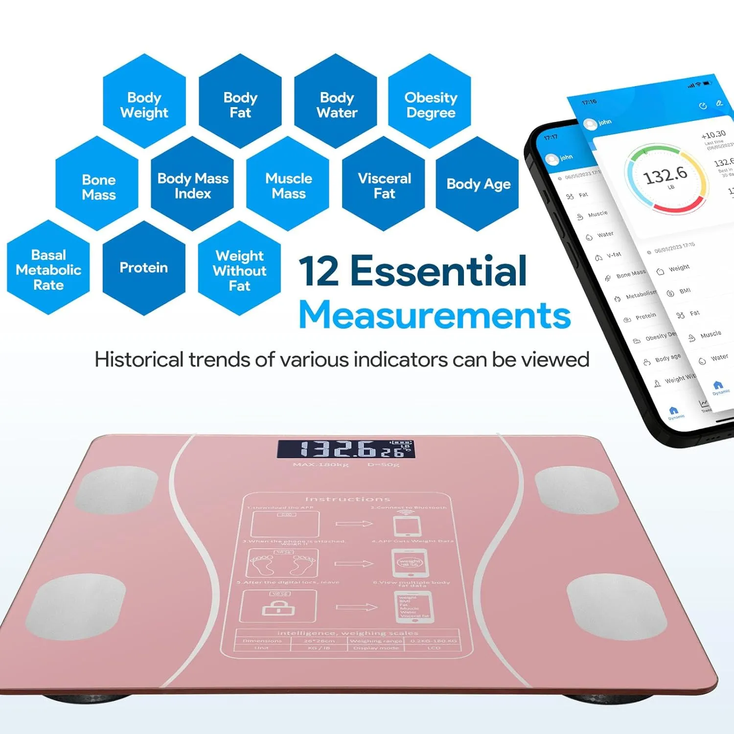 Digital Simple and Practical Body Fat Scale with Led Display, Bathroom Scale with Smartphone App, Accurate Body Composition Measurement (Pink)