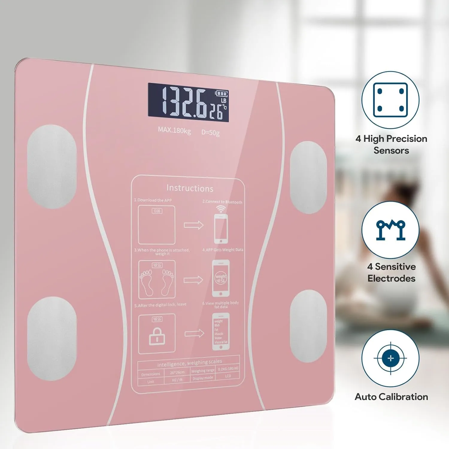 Digital Simple and Practical Body Fat Scale with Led Display, Bathroom Scale with Smartphone App, Accurate Body Composition Measurement (Pink)