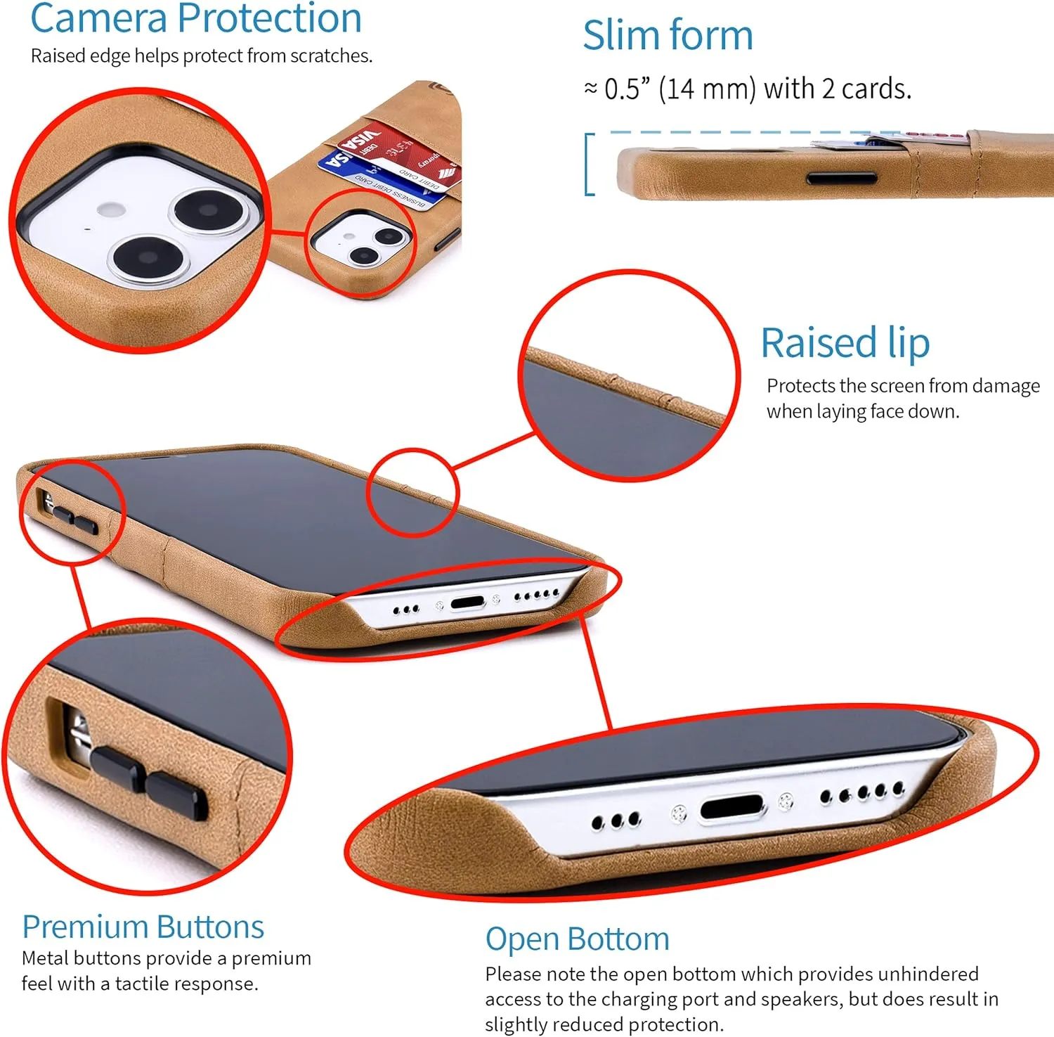 Dockem Wallet Case for iPhone 12 & iPhone 12 Pro: Built-in Metal Plate for Magnetic Mounting & 2 Credit Card Holders: 6.1" Exec M2, Smooth Synthetic Leather (Khaki Tan)