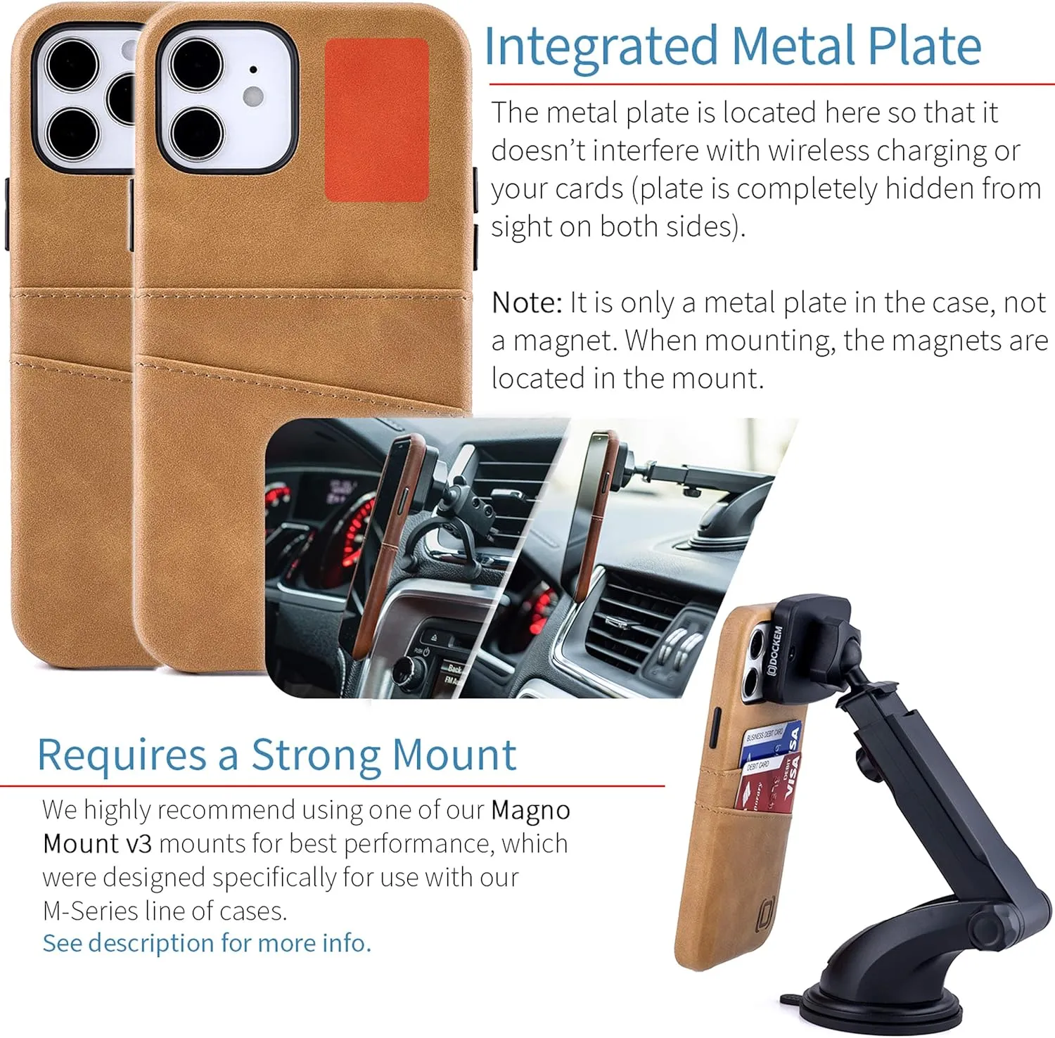 Dockem Wallet Case for iPhone 12 & iPhone 12 Pro: Built-in Metal Plate for Magnetic Mounting & 2 Credit Card Holders: 6.1" Exec M2, Smooth Synthetic Leather (Khaki Tan)