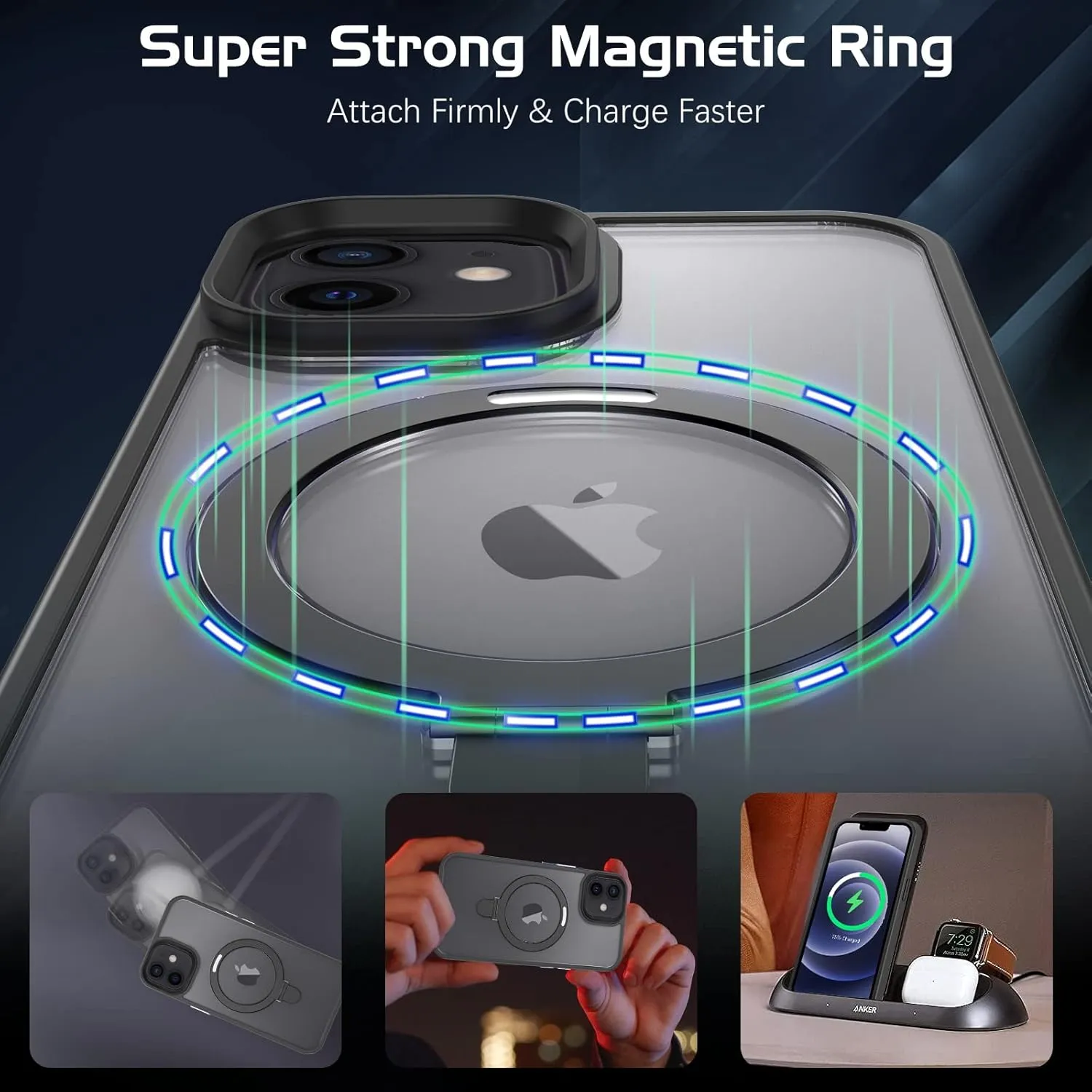DOMAVER Magnetic Case for iPhone 12 and iPhone 12 Pro with Stand [Compatible with Magsafe] Matte Shockpfoof Protective Slim Cover with Kickstand for Men Boys- Black