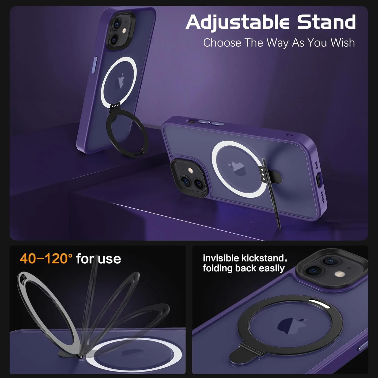 DOMAVER Magnetic Case for iPhone 12 and iPhone 12 Pro with Stand [Compatible with Magsafe] Shockpfoof Protective Cover Men Boys for iPhone 12/12 Pro 6.1 inch- Purple