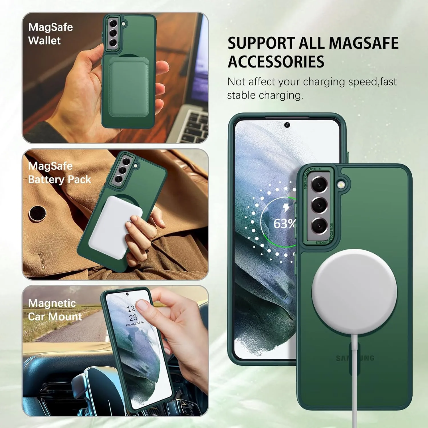 DUEDUE for Samsung Galaxy S21 Case Magnetic[Compatible with Magsafe], Translucent Matte Back Anti-Scratch Full Body Protective Cover Shockproof Phone Case for Samsung S21 6.2", Green