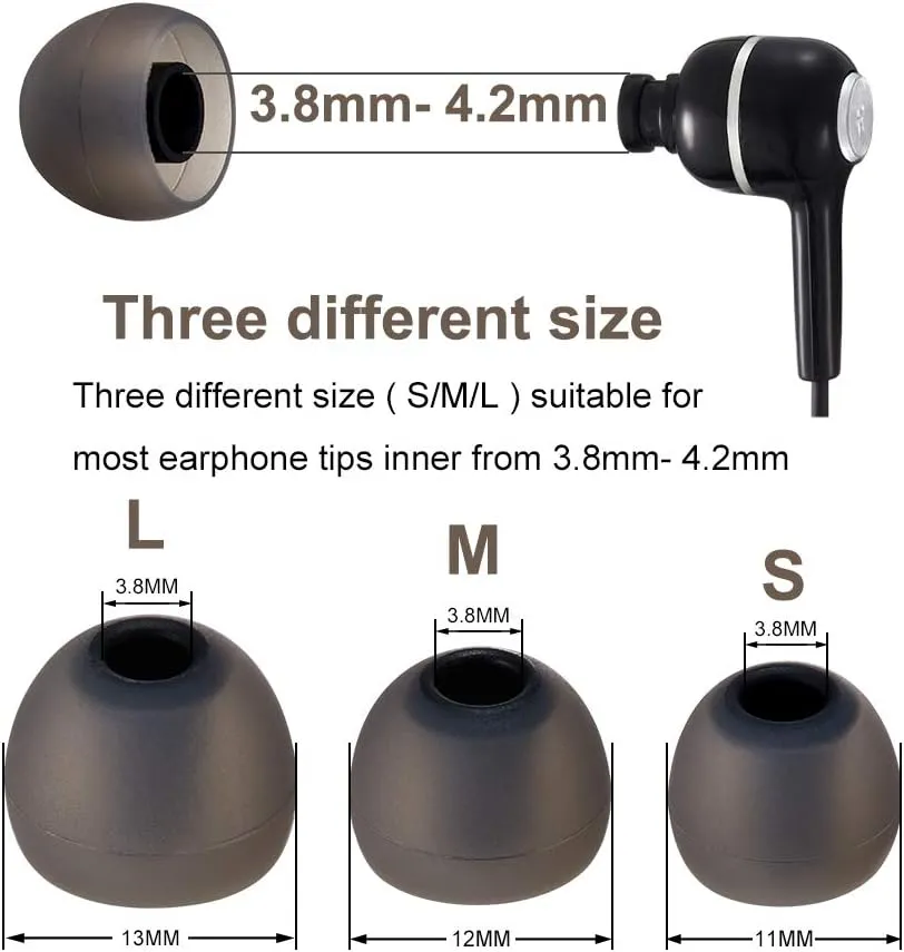 Earbud Tips Soft Silicone Earbuds Replacement Tips Fit for in-Ear Headphones(Inner Hole from 3.8mm -4.2mm Earphones) 9 Pairs S/M/L,Black