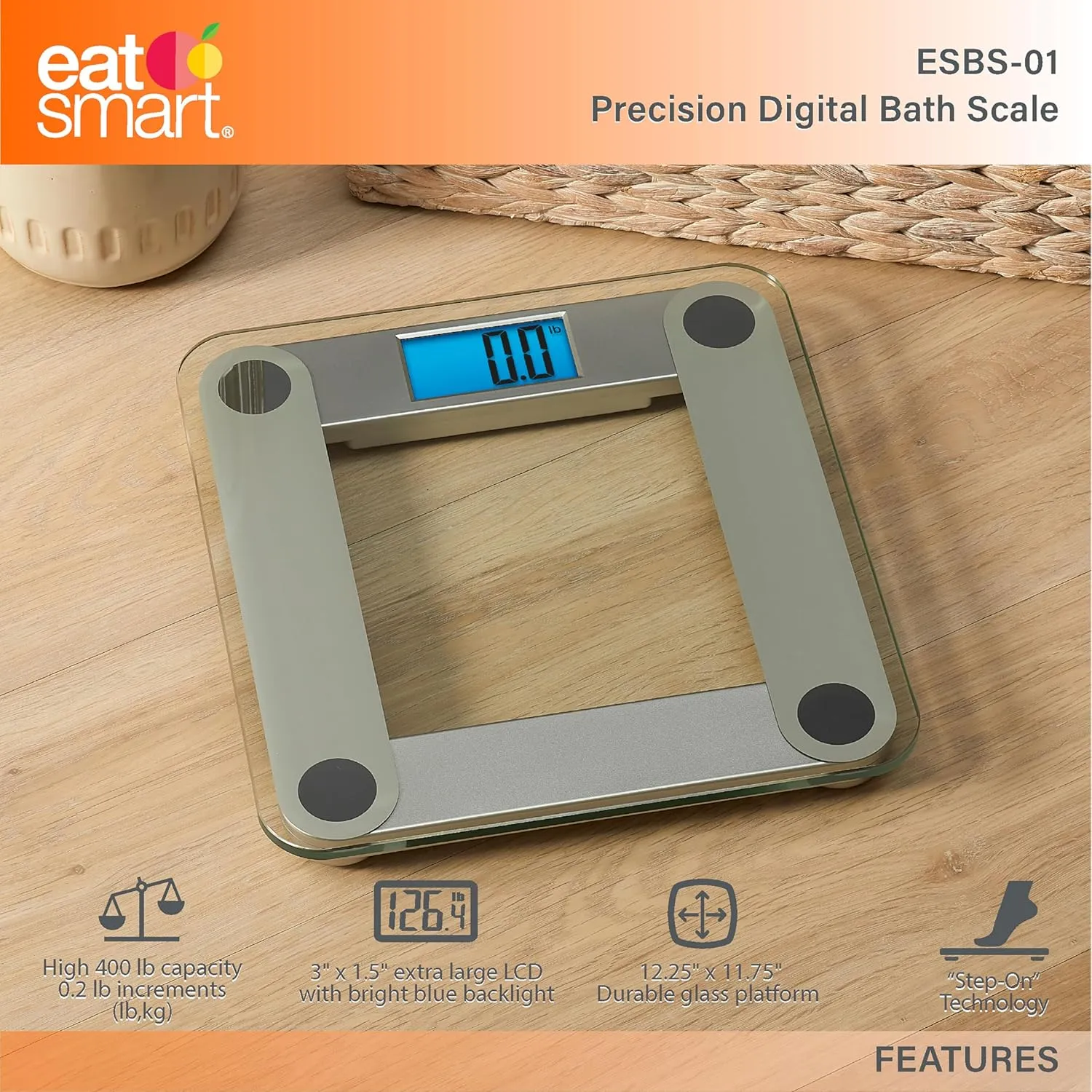 Eat Smart Products Digital Bathroom Scale with Extra Large Lighted Display, Free Body Tape Measure Included, Grey and Clear