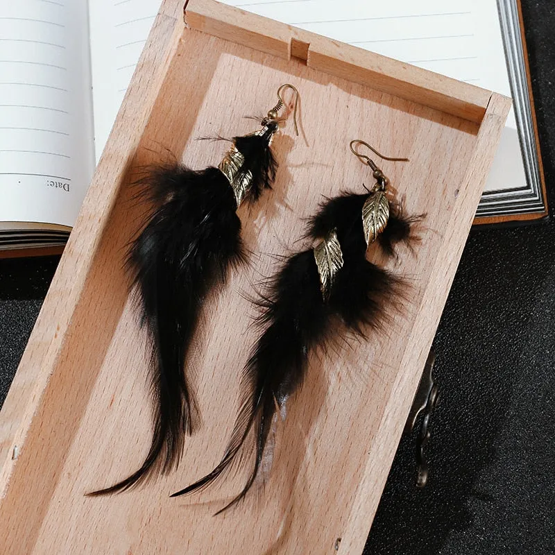 Feather Earrings For Women Bohemian Vintage Leaf Feather Long Tassel Dangling Earring Party Jewelry