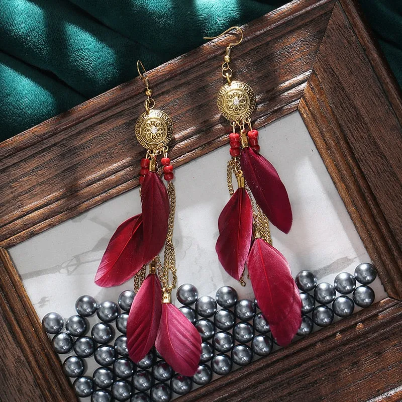 Feather Earrings For Women Bohemian Vintage Leaf Feather Long Tassel Dangling Earring Party Jewelry