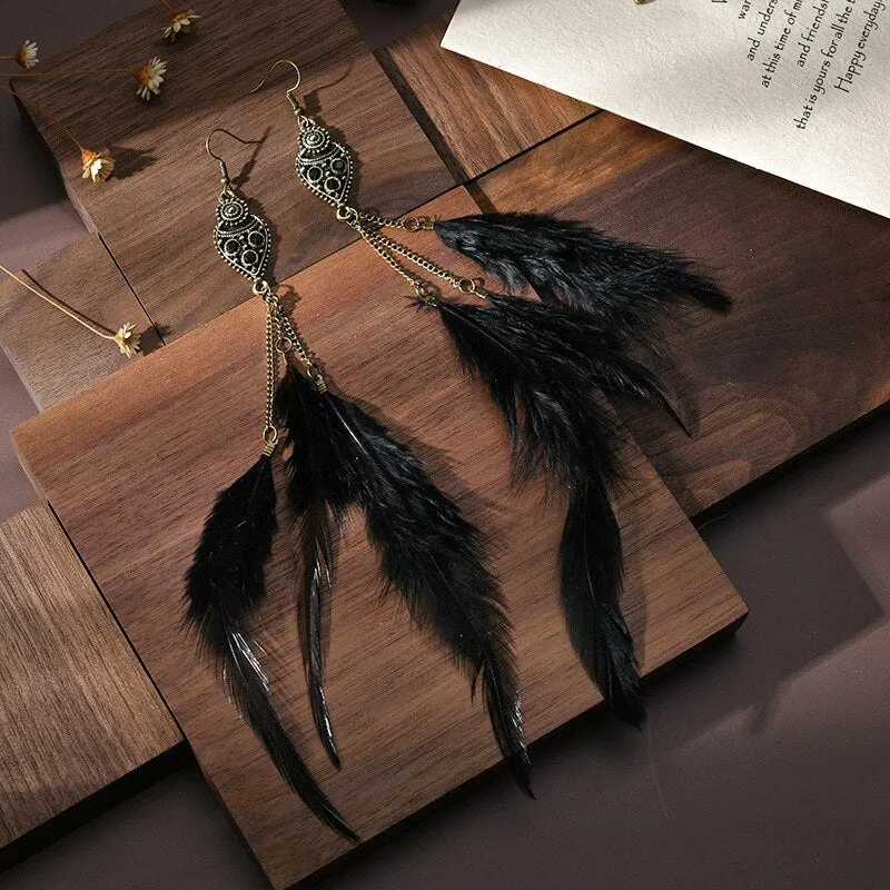 Feather Earrings For Women Bohemian Vintage Leaf Feather Long Tassel Dangling Earring Party Jewelry