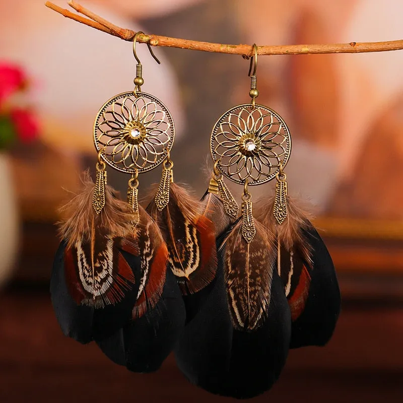 Feather Earrings For Women Bohemian Vintage Leaf Feather Long Tassel Dangling Earring Party Jewelry