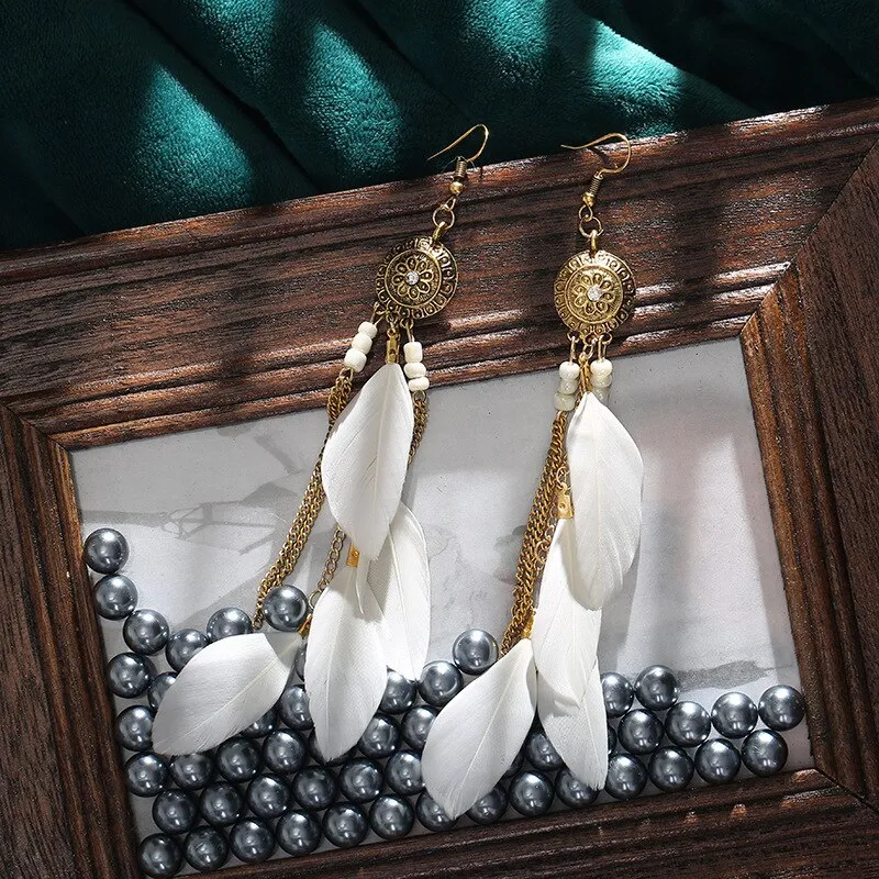 Feather Earrings For Women Bohemian Vintage Leaf Feather Long Tassel Dangling Earring Party Jewelry